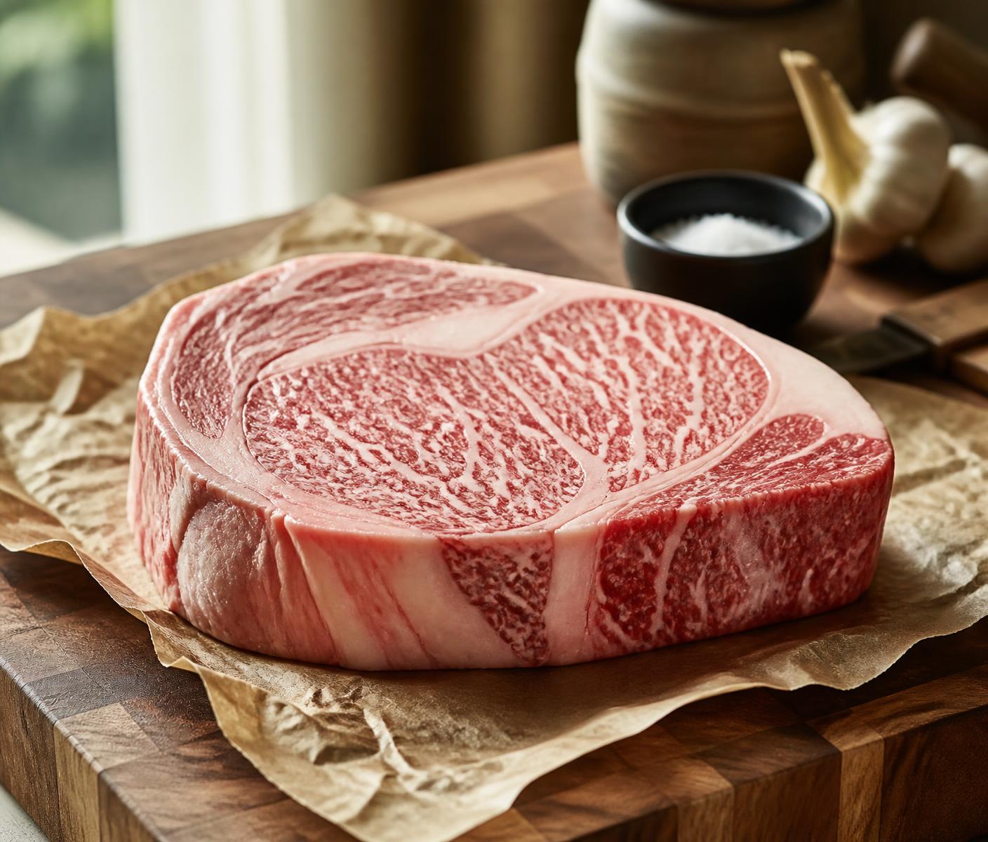Raw Wagyu ribeye with fine intramuscular marbling resting on parchment over a walnut butcher block