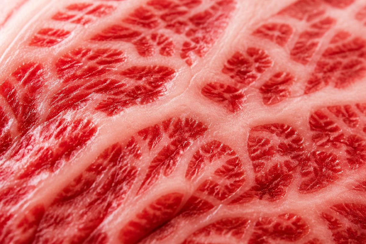 Macro close-up of Wagyu beef marbling, fine white fat lacing through red muscle